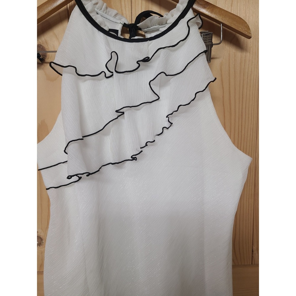 BCX Halter Top Women XL White Good Ruffle Tiered Black Trim Tie Neck Sleeveless